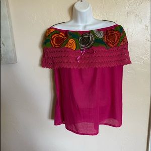 Vintage Pink Mexican Embroidered Blouse- Size L
